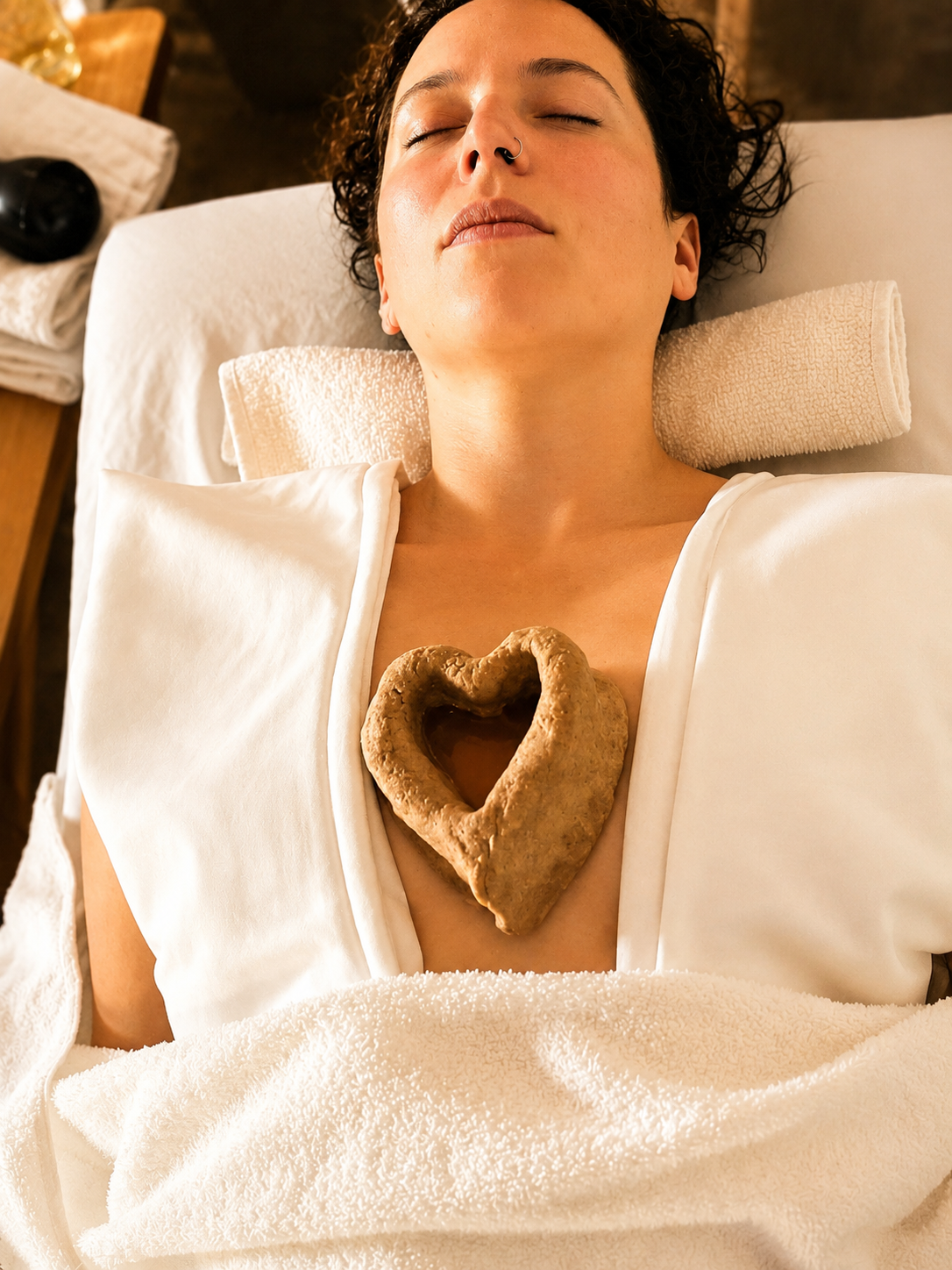 Hridaya Basti heart-shaped dough ring resting over the heart center