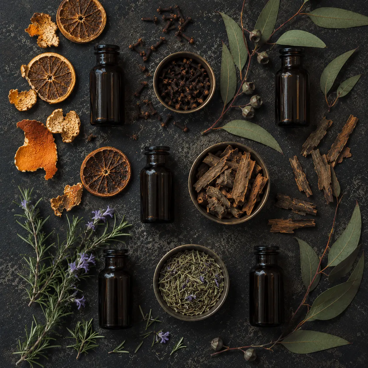 Dark editorial flat lay of amber bottles, roots, and healing herbs