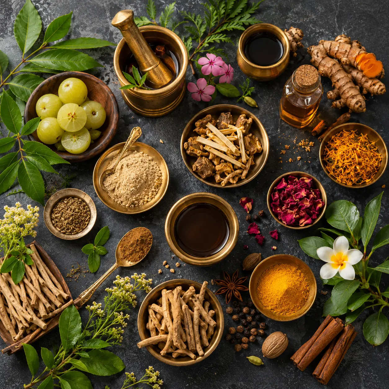 Luxury Ayurvedic apothecary flat lay with herbs, bowls, and amber tones