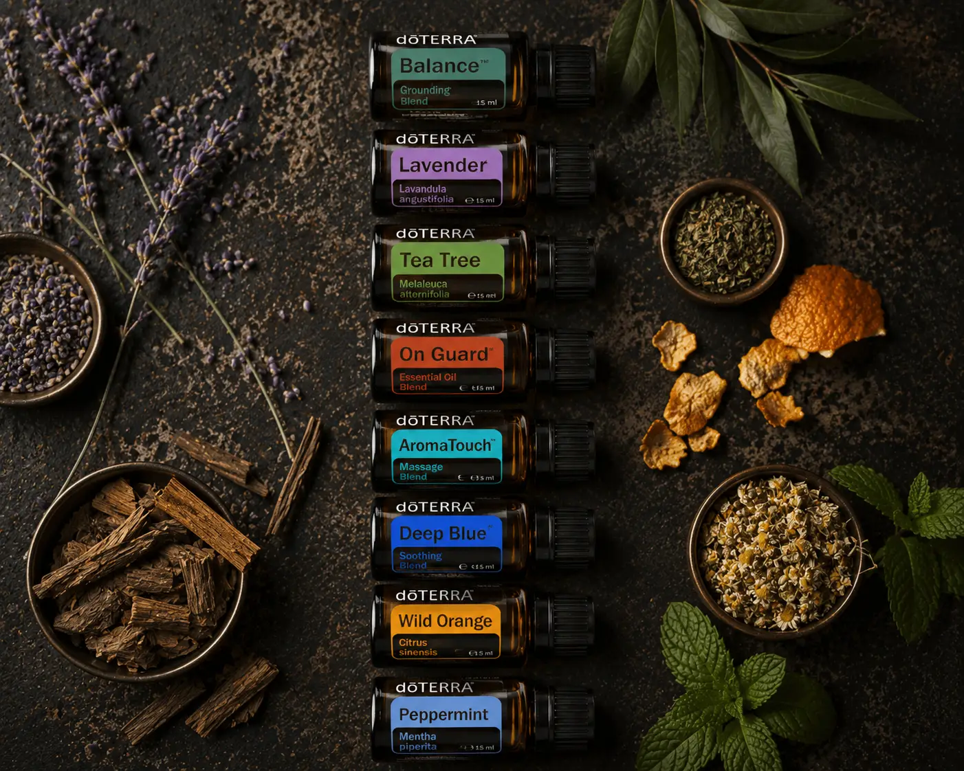 Apothecary still life of dōTERRA essential oils with lavender, chamomile, and citrus